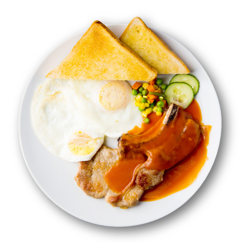 G. Fried Pork Chop & Eggs w/ Tomato Sauce + Butter Bun